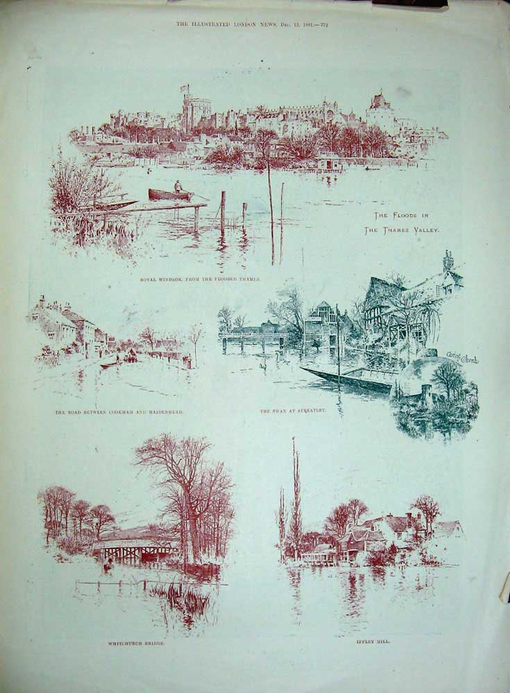 Old Antique Print 1891 Knowles Lady Devon Thames Floods Windsor Iffley 19th