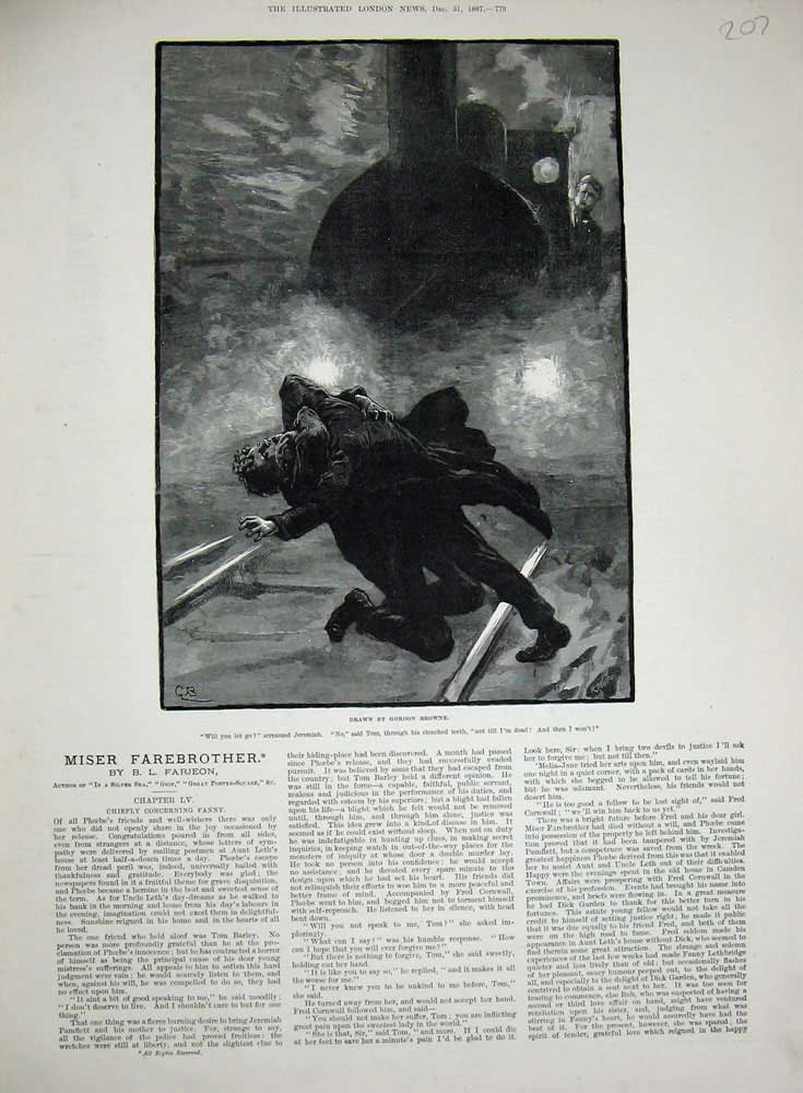 Original Old Antique Print 1887 Men Fighting Railway Track Train Gordon Browne