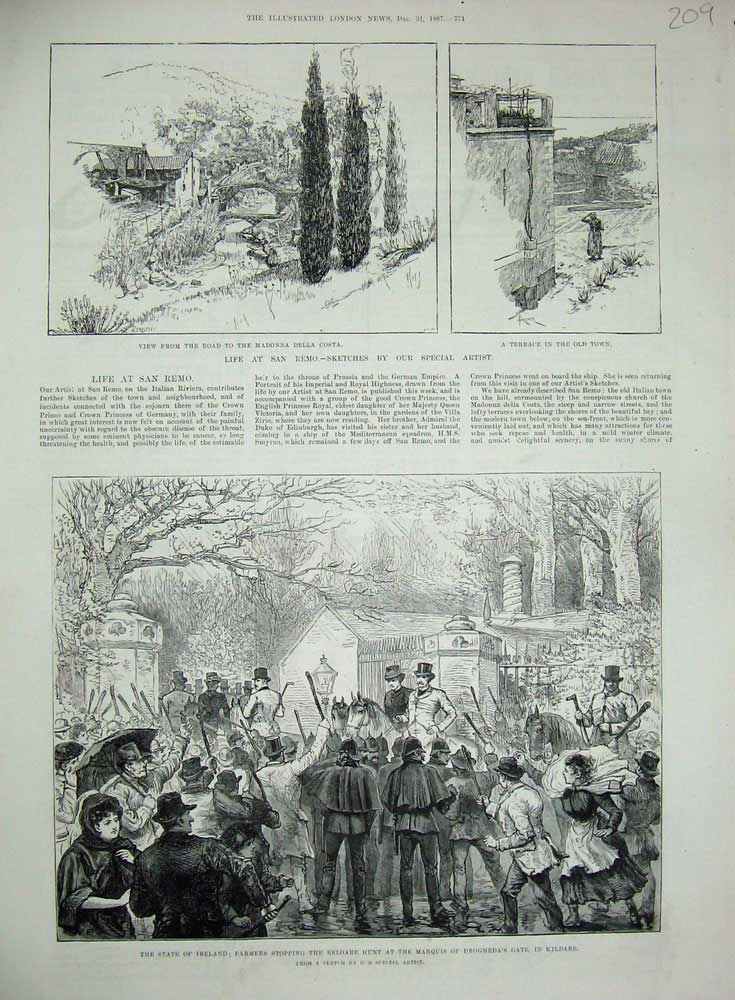 Old Antique Print 1887 Madonna Della Costa San Remo Ireland Kildare Hunt 19th