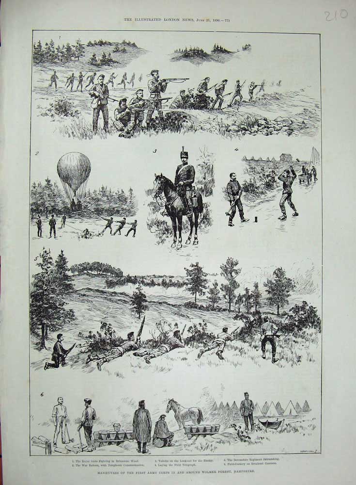 Original Old Antique Print Army Corps Wolmer Forest Hampshire 1890 War Broxhead