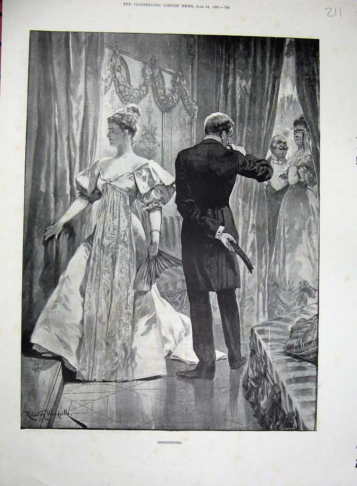 Original Old Antique Print 1893 Woodville Fine Art Man Woman Romance Dresses
