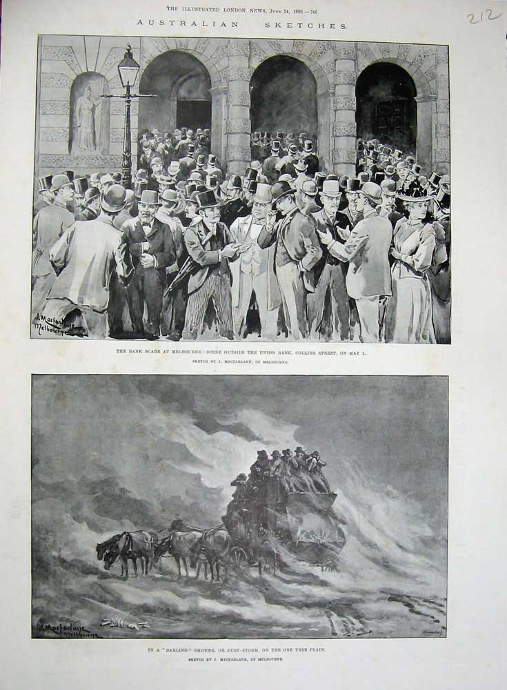 Old Antique Print 1893 Australia Melbourne Union Bank Dust Storm Horses 19th