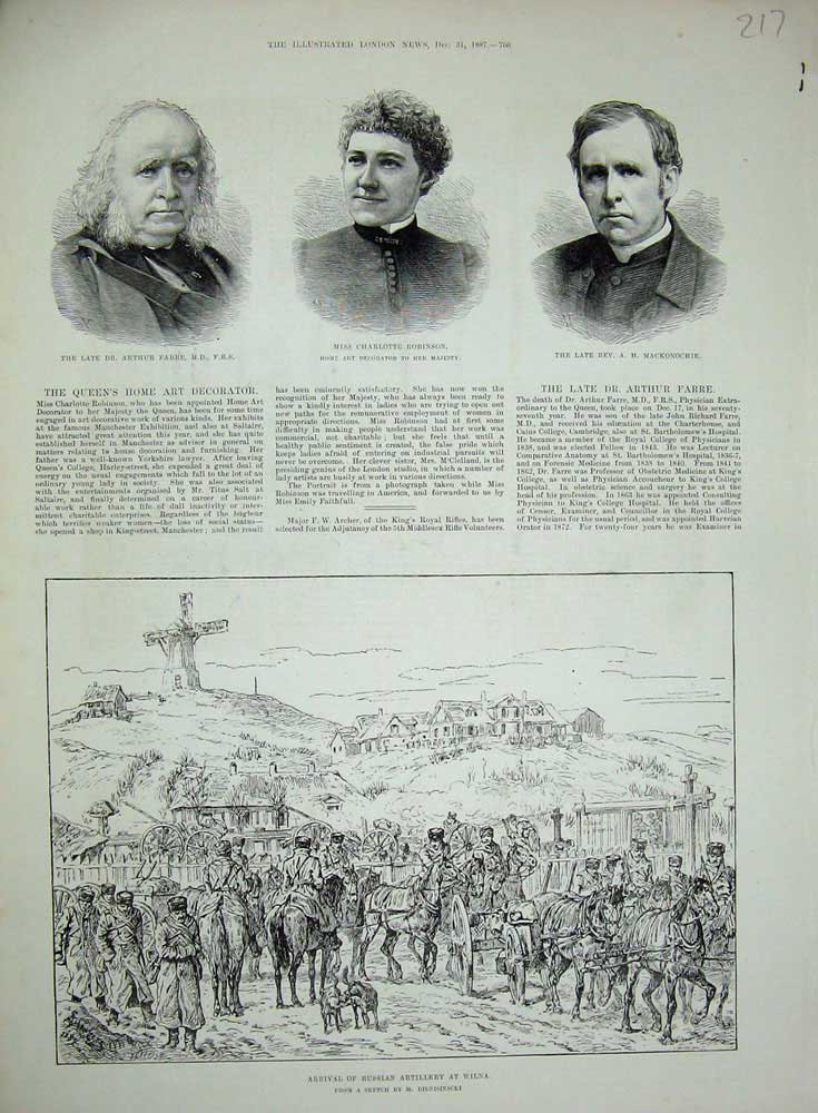 Old Antique Print 1887 Arrival Russian Artillery Wilna Robinson Farre Men 19th