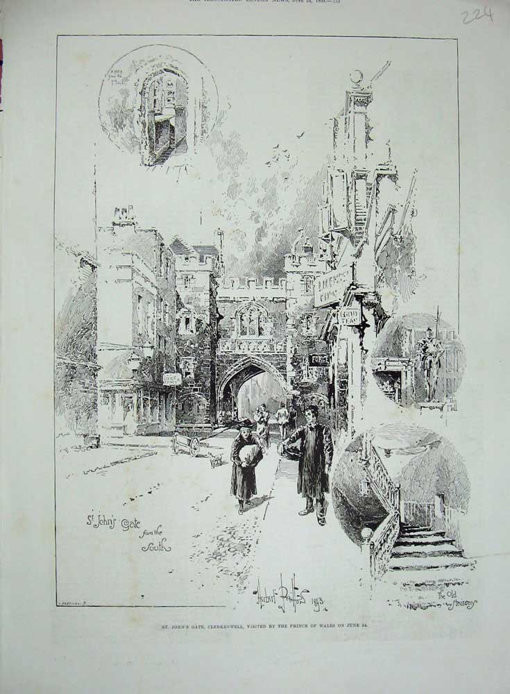 Old Antique Print 1893 St John'S Gate Clerkenwell Stariways Prince Wales 19th