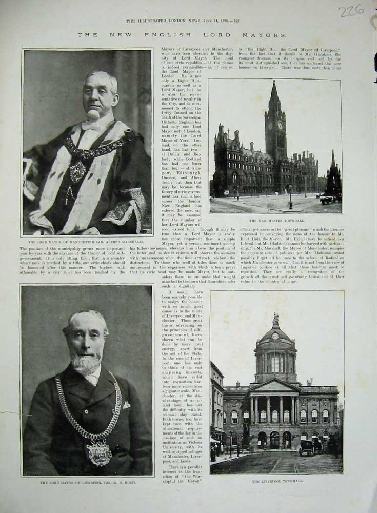 Old Antique Print Liverpool Townhall 1893 Manchester Mayor Marshall Holt 19th