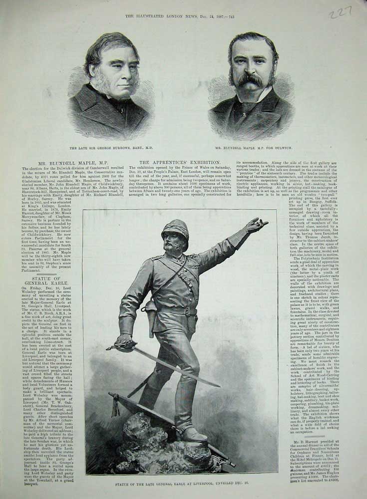 Old Antique Print 1887 Statue General Earl Liverpool Burrows Dulwich Men 19th