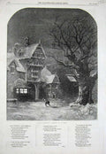 Original Old Antique Print Snow Storm Winter 1855 Man House Trees Country Poem