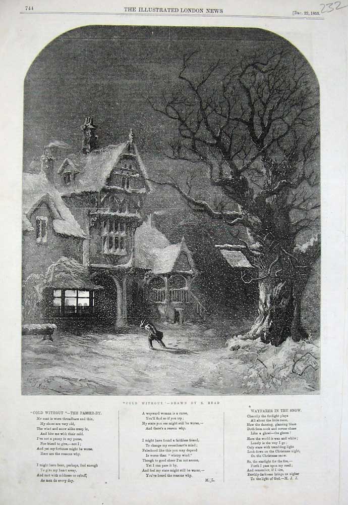 Original Old Antique Print Snow Storm Winter 1855 Man House Trees Country Poem