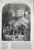 Old Antique Print Christmas Eve 1855 Cottager Market Trees House Foster 19th
