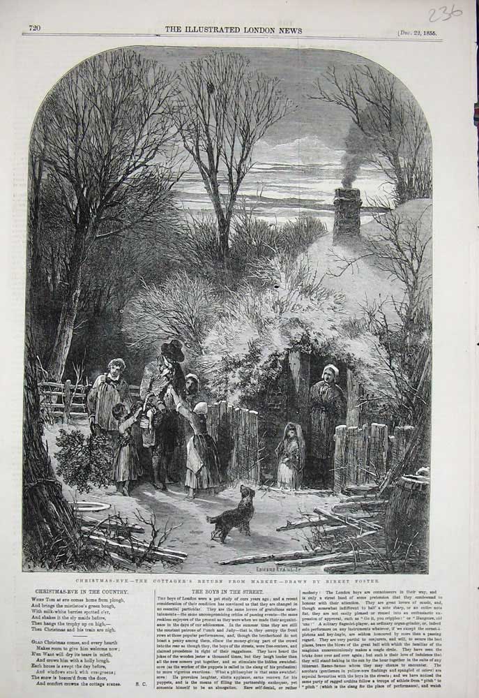 Old Antique Print Christmas Eve 1855 Cottager Market Trees House Foster 19th