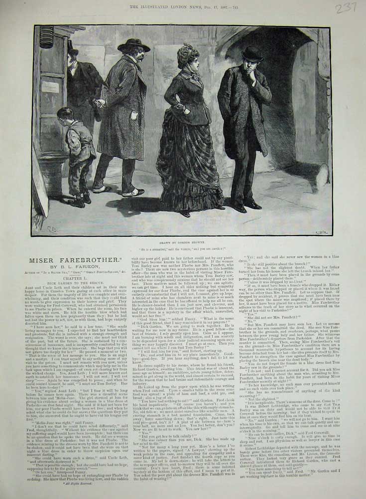 Original Old Antique Print 1887 Gordon Browne Family Street Winter Coats People