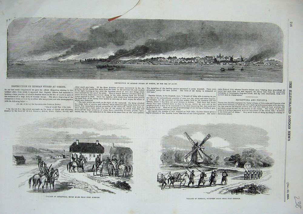 Old Antique Print 1855 Russian Stores Gheisk Azoff Petrowska Poprova War 19th