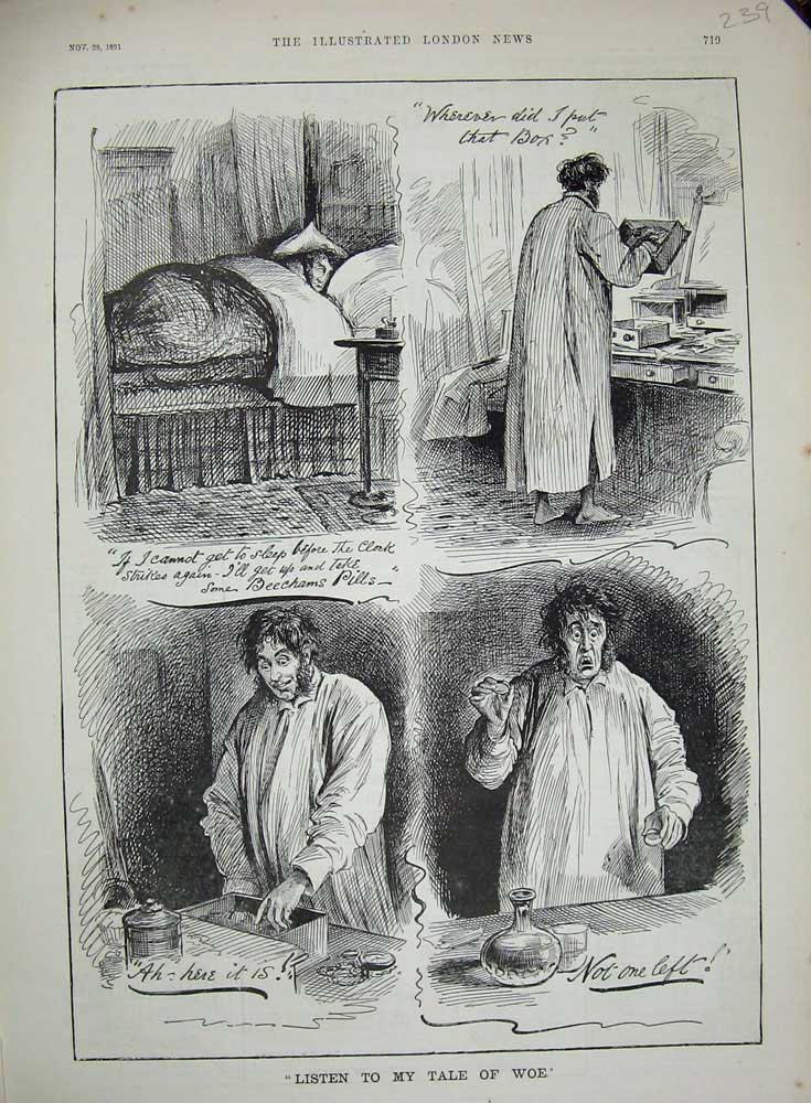 Original Old Antique Print Advertisment Beechams Pills Man Sleeping Bed 1891