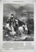 Original Old Antique Print 1856 Children Mountains Dog Art Exhibition Victorian