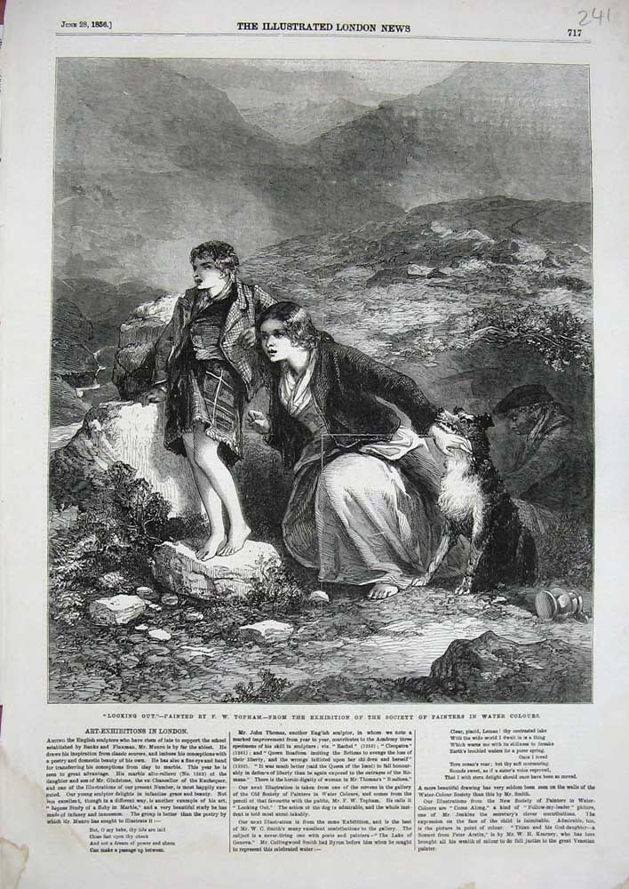 Original Old Antique Print 1856 Children Mountains Dog Art Exhibition Victorian