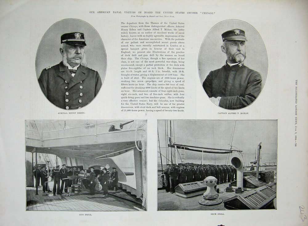 Old Antique Print 1894 Ship Chicago Admiral Erben Captain Mahan Deck Gun 19th