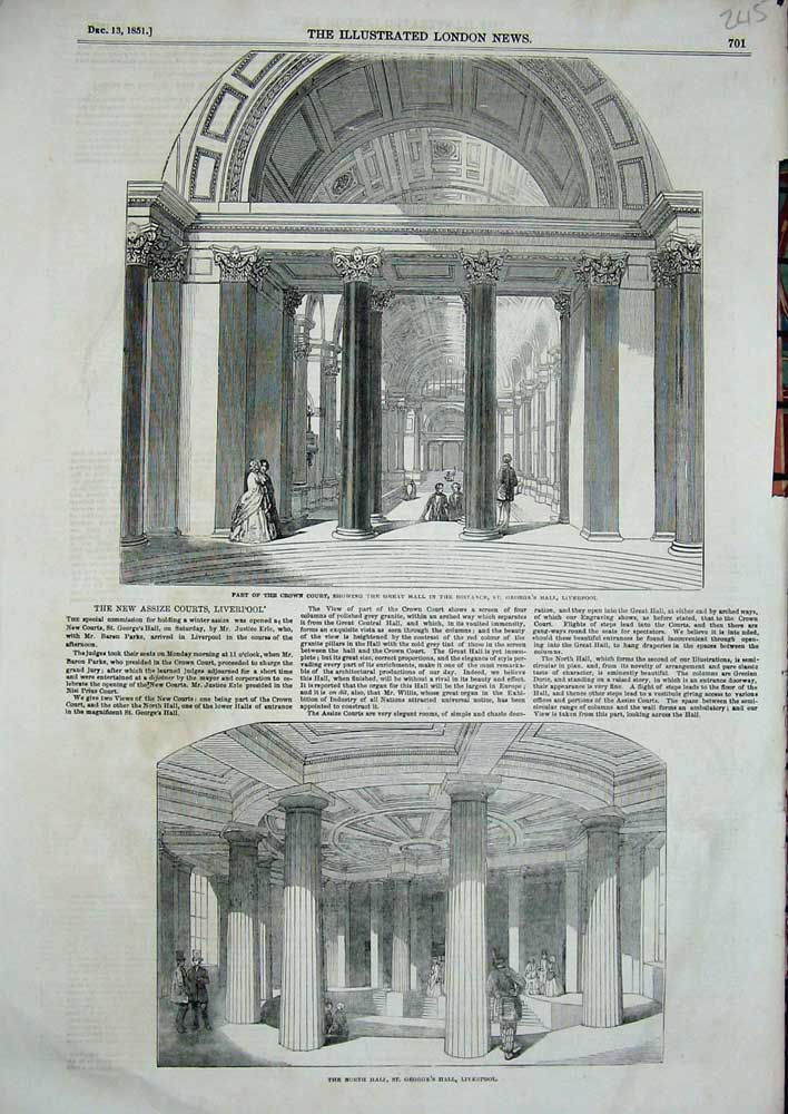 Original Old Antique Print 1851 Crown Court Great Hall St George'S Liverpool