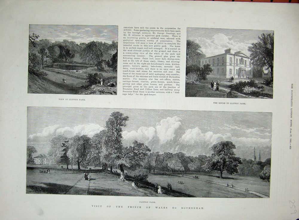 Original Old Antique Print 1891 Prince Wales Rotherham Clifton Park House Trees