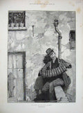 Original Old Antique Print 1896 Man Music Street Wall House Lucien Davis 19th