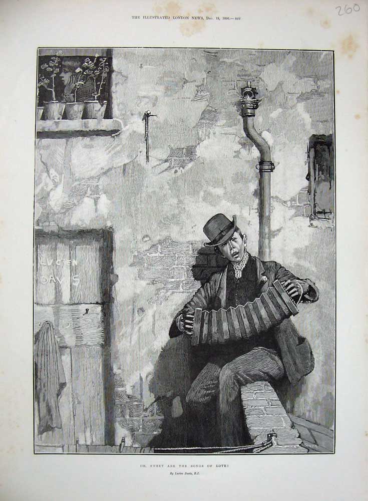 Original Old Antique Print 1896 Man Music Street Wall House Lucien Davis 19th