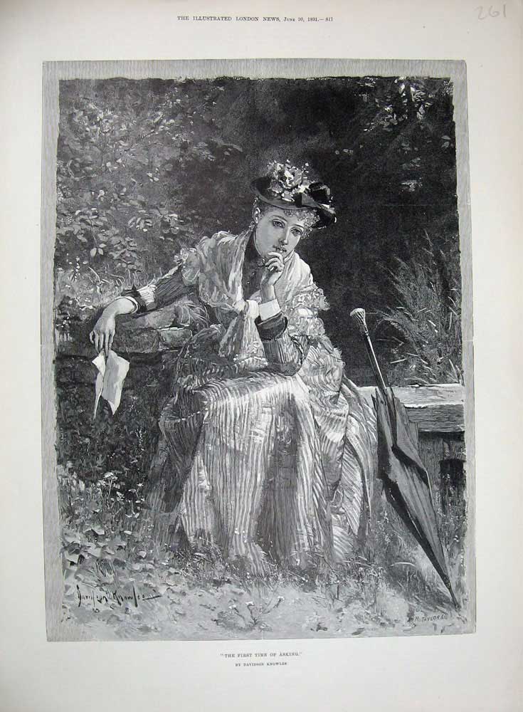 Old Antique Print 1891 Knowles Fine Art Beautiful Lady Country Umbrella 19th