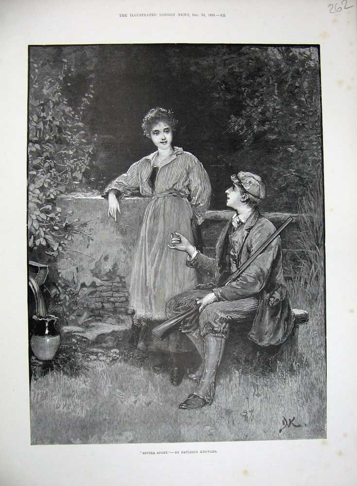 Original Old Antique Print 1893 Knowles Fine Art Man Woman Gun Sport Country