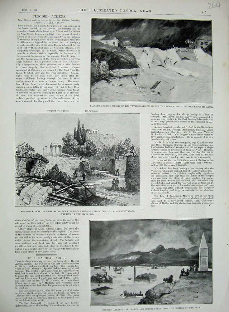 Original Old Antique Print 1896 Flooded Athens Piraeus Obelisk Phalerum Ilissus