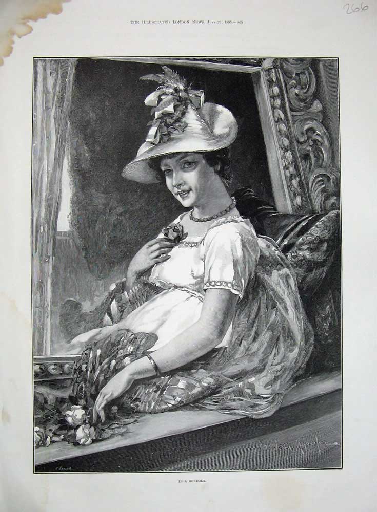 Original Old Antique Print 1895 Beautiful Lady Woman Gondola Boat Knowles Art