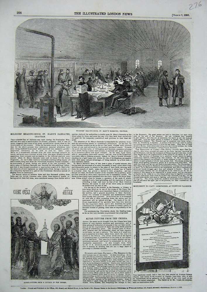 Original Old Antique Print 1856 Siers Mary'S Barracks Chathm Church Crimea War