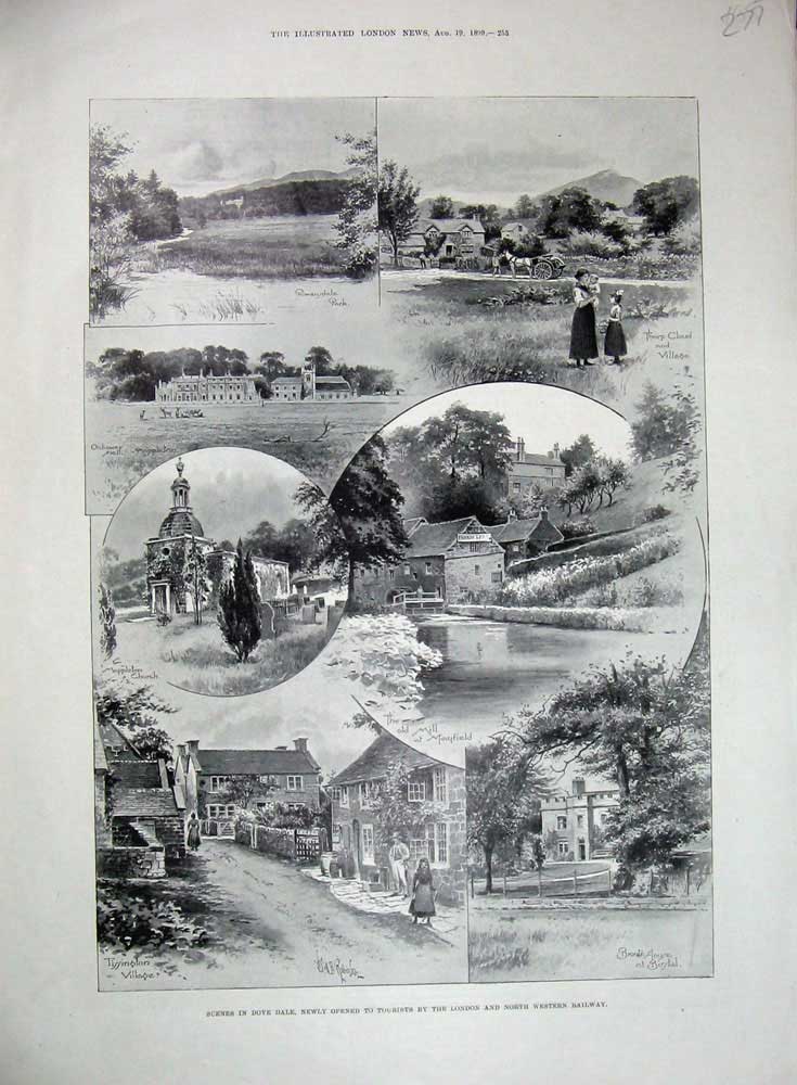 Old Antique Print 1899 Dove Dale Trinnington Bronte Mill Mayfield Thorp 19th