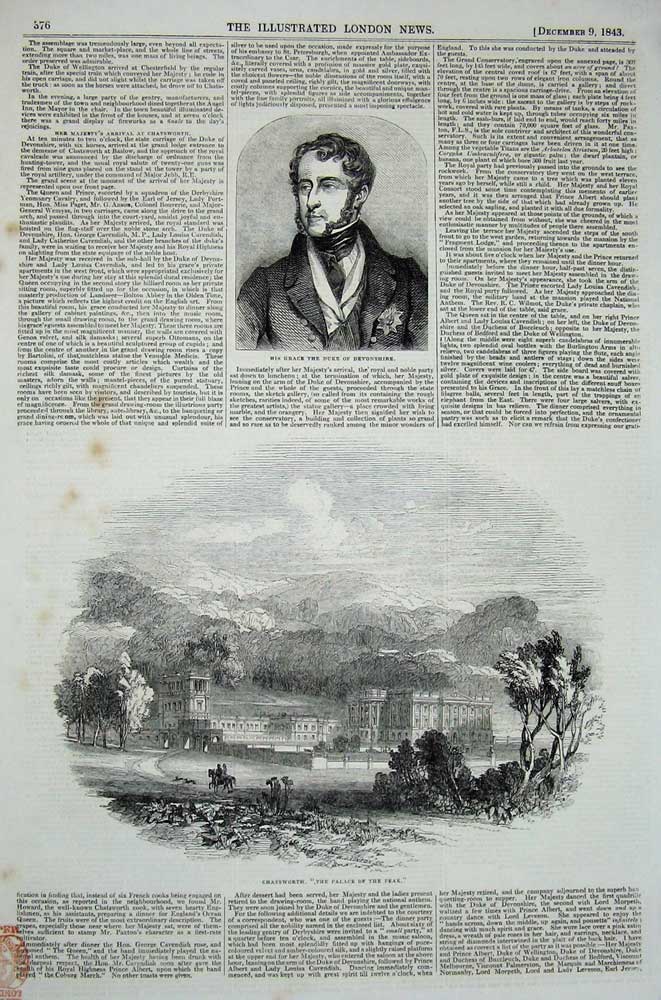 Original Old Antique Print 1843 Duke Devonshire Chatsworth Palace Peak Trees