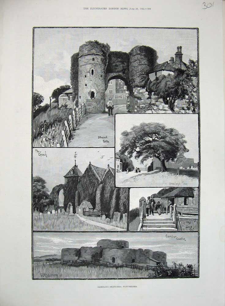 Old Antique Print 1895 Winchelsea Camber Castle Strand Gate Church Trees 19th
