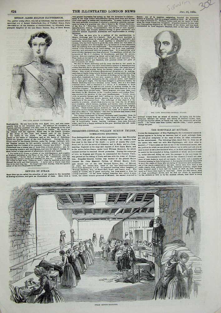 Original Old Antique Print 1854 Steam Sewing Machines Clutterbuck Tylden Siers