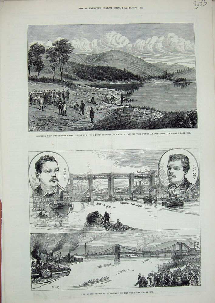 Old Antique Print 1879 Anglo-Canadian Boat Race Tyne Waterworks Edinburgh 19th