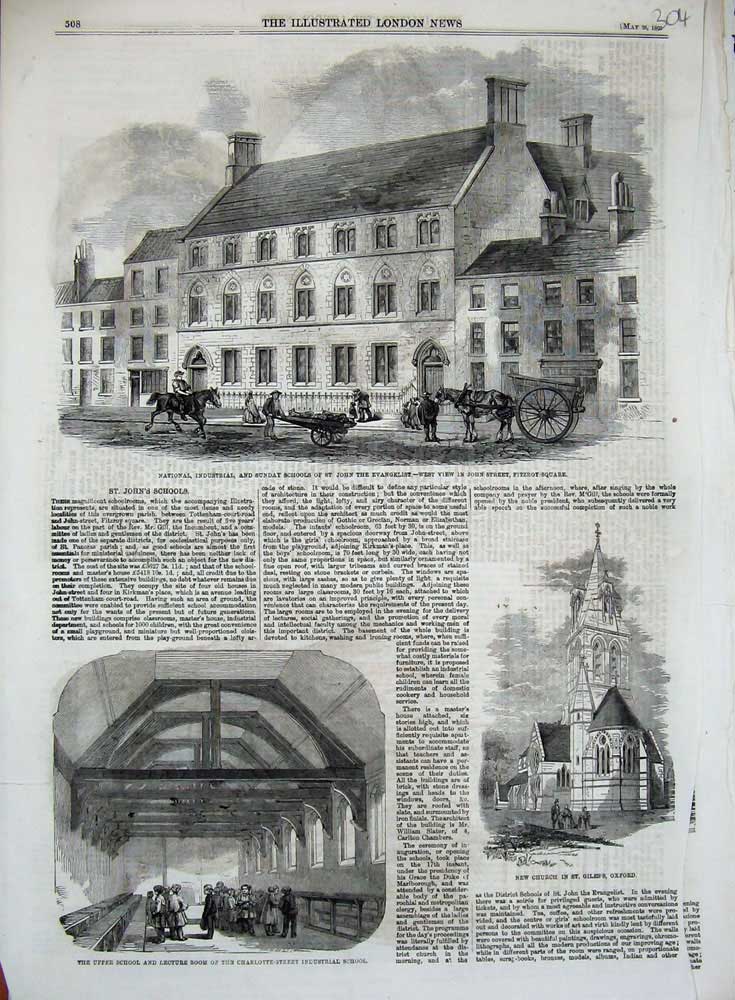 Old Antique Print 1860 Church Giles Oxford School Evangelist Industrial 19th