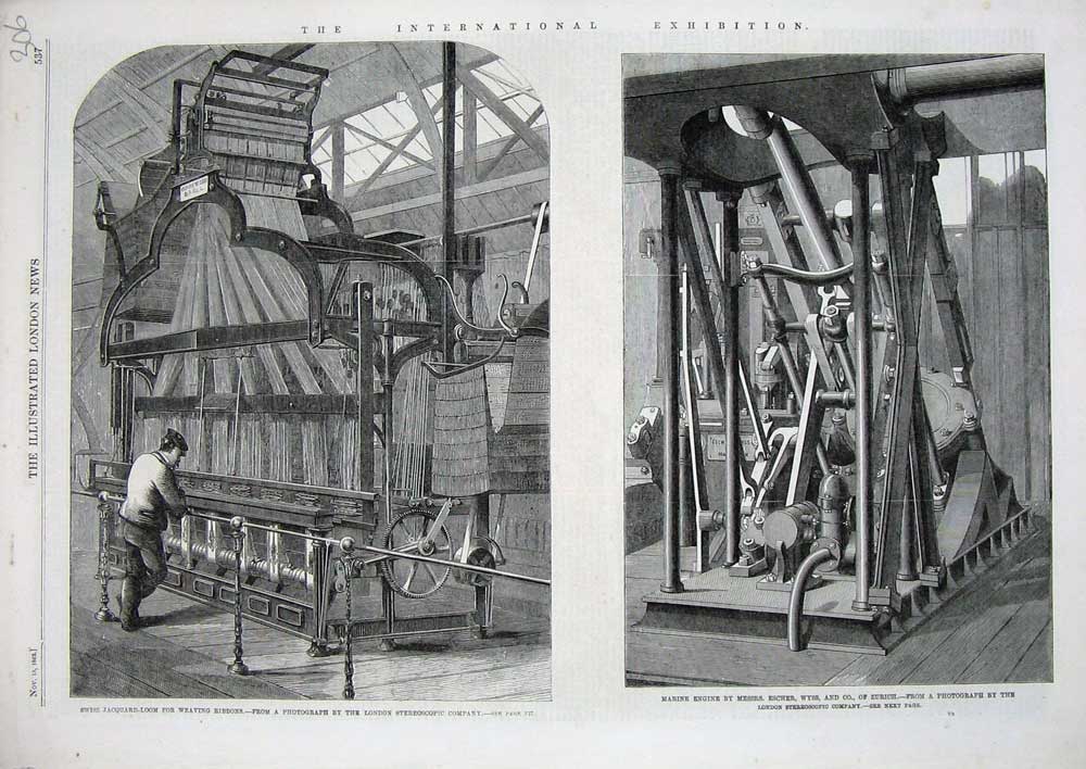 Original Old Antique Print 1862 Swiss Loom Weaving Ribbons Marine Engine Escher