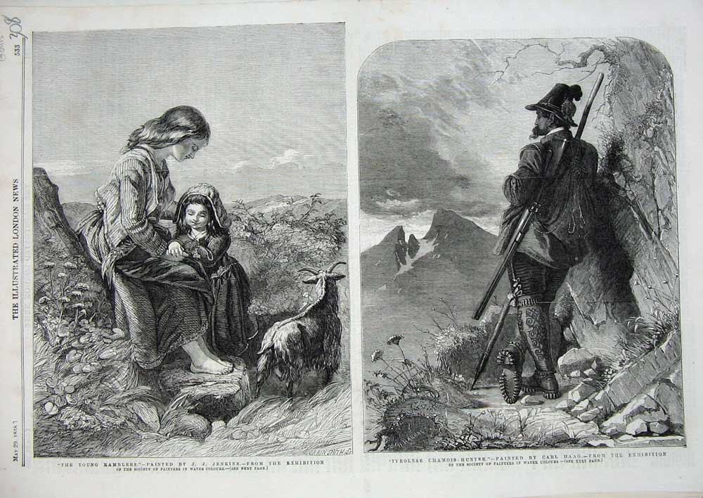 Old Antique Print 1858 Fine Art Children Ramblers Tyrolese Chamois-Hunter 19th