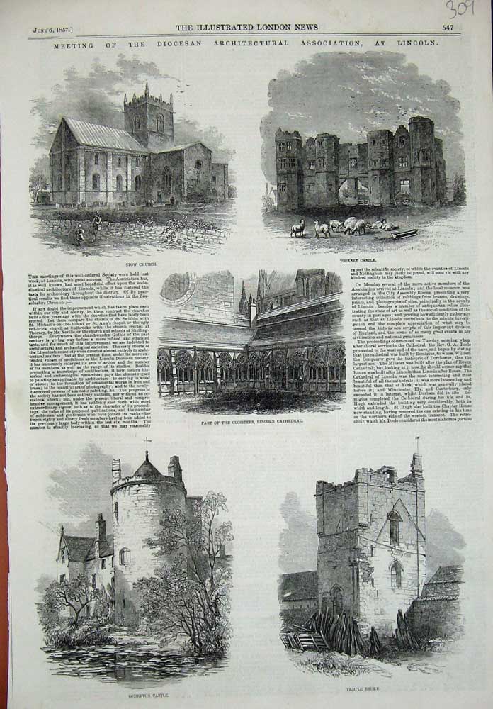 Old Antique Print 1857 Lincoln Temple Bruer Somerton Castle Stow Church 19th