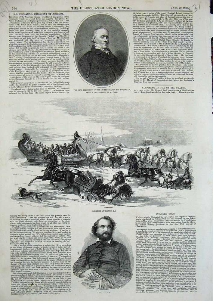 Antique Old Print *3508 1856 Colonel Colt Sleighing Boston Buchanan President