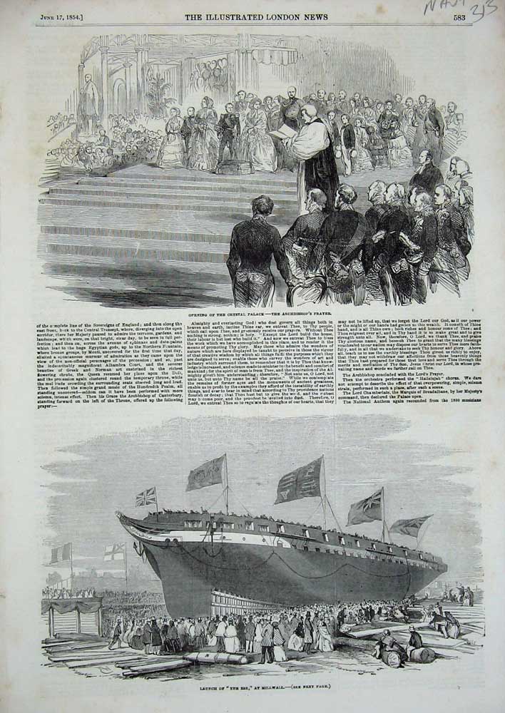 Old Antique Print 1854 Crystal Palace Archbishop Prayer Esk Ship Millwall 19th