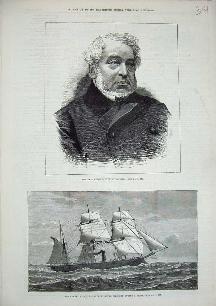 Old Antique Print 1879Baron Lionel Rothschild Peruvian Ship Independencia 19th