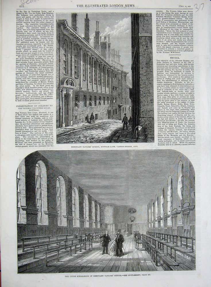 Original Old Antique Print 1862 Merchant Taylor'S School Cannon Street Suffolk