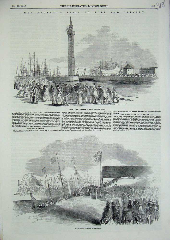 Old Antique Print 1854 Queen Hull Grimbsy Fairy Steamer Dock Ship Flags 19th