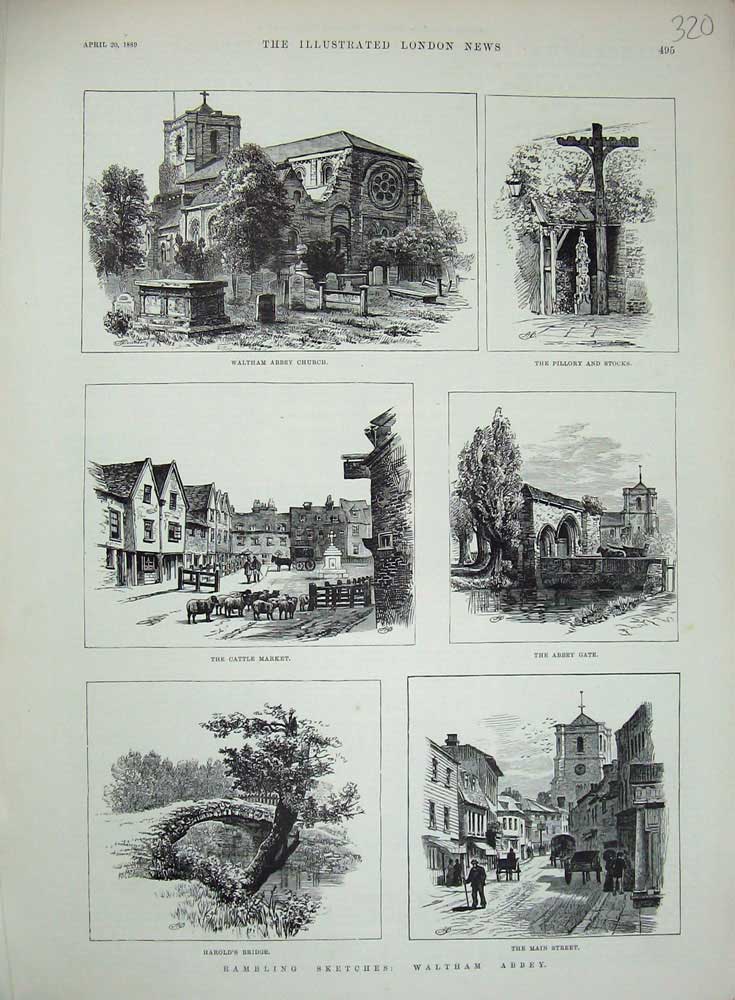 Original Old Antique Print 1889 Waltham Abbey Church Pillory Cattle Market Har