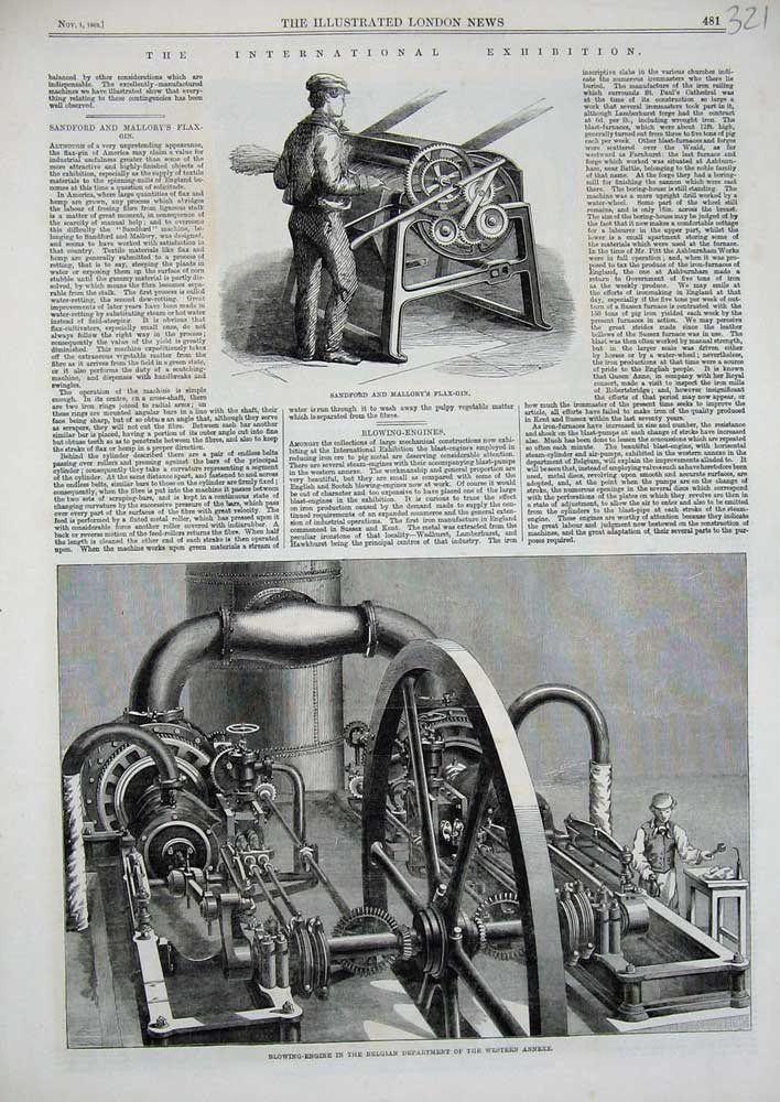 Old Antique Print 1862 Sandford Mallory Flax-Gin Blowing Engine Belgian 19th