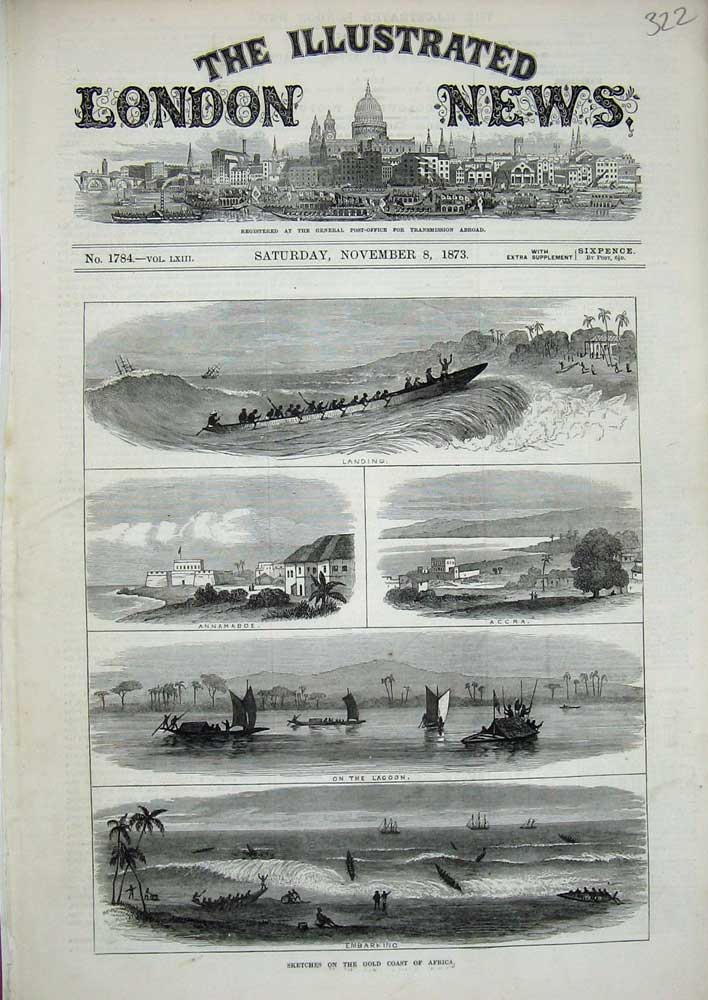 Original Old Antique Print 1873 GCoast Africa Lagoon Annamaboe Accra Boats 19th