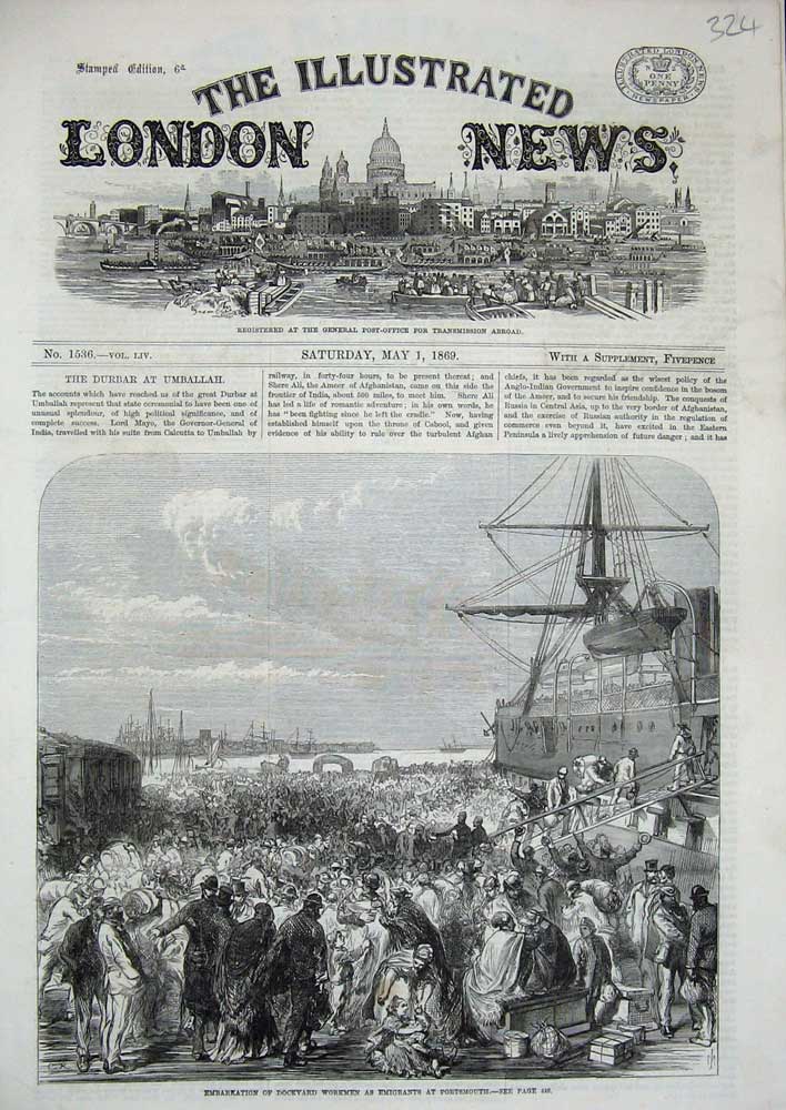 Antique Print *3509 1869 Embarkation Dockyard Workmen Emigrants Portsmouth