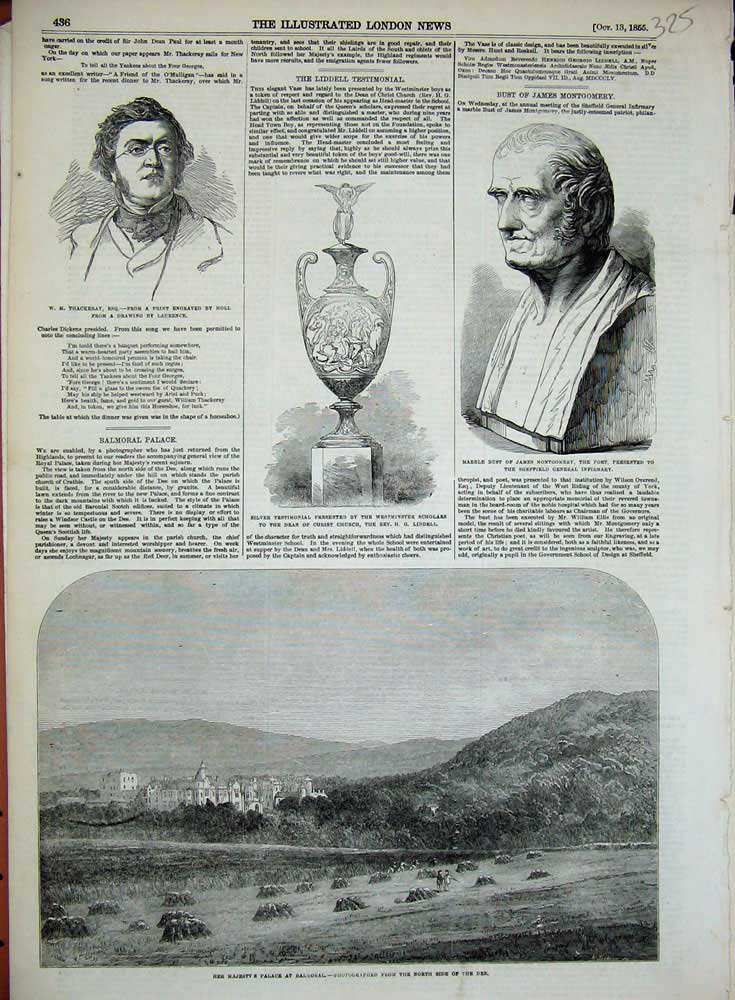 Old Antique Print 1855 Queen Palace Balmoral Thackeray Montgomery Church 19th