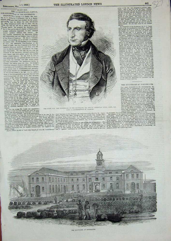 Original Old Antique Print 1855 Gun-Wharf Portsmouth Chancellor Exchequer Lewis