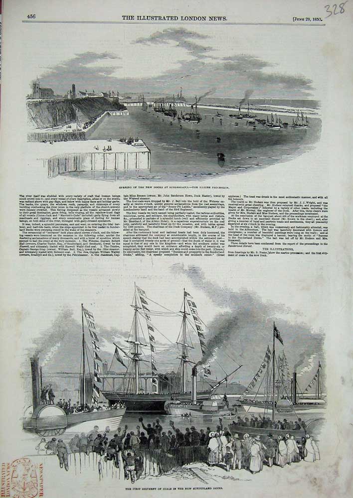 Old Antique Print 1850 Coal Shipment Sunderland Docks Marine Procession 19th